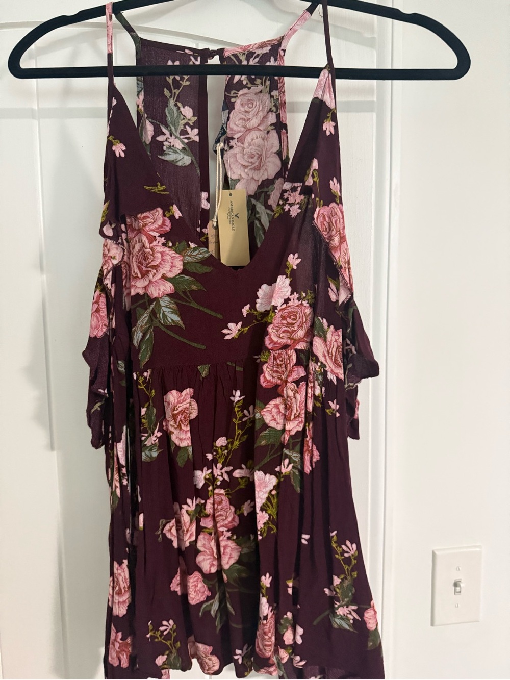 American Eagle Outfitters Plum Floral Cold-Shoulder Top with Pink Roses